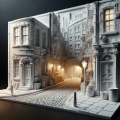 DALL·E 2024-01-28 11.12.32 - Create a 3D wall art piece made from white Fiberglass Reinforced Plastic (FRP), depicting a detailed and atmospheric urban alley. The artwork should c
