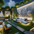 DALL·E 2024-01-26 08.41.39 - A modern patio design enhanced with artistic elements. The patio is set in a lush garden, now featuring elegant sculptures and 3D wall pediments, addi